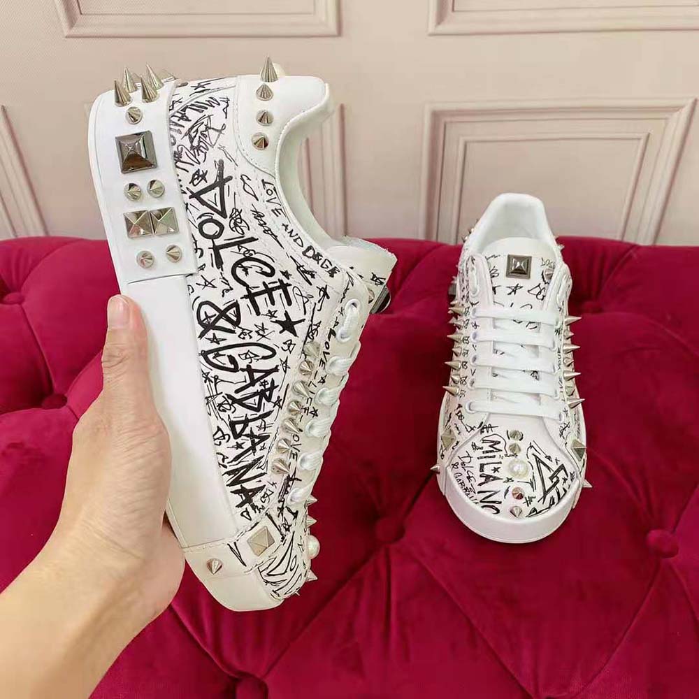 Dolce Gabbana D&G Unisex Calfskin Nappa Portofino Sneakers with Studs-White - image 6