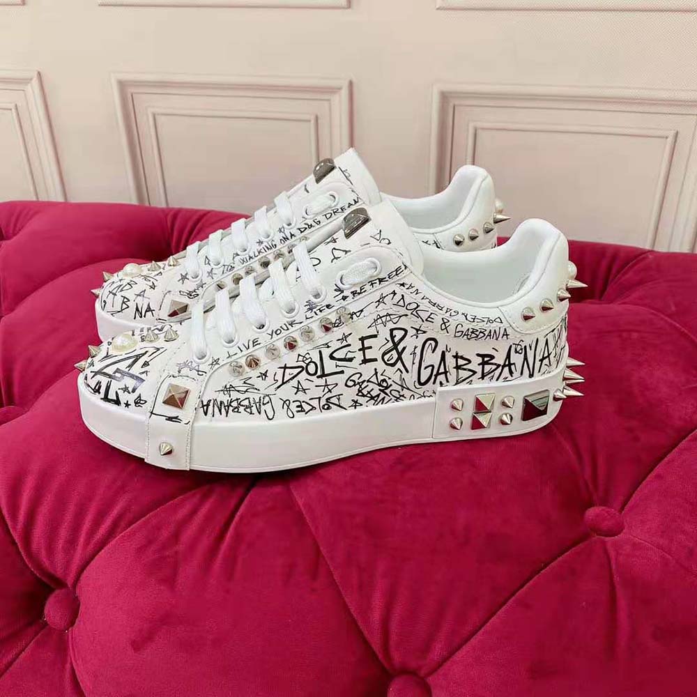 Dolce Gabbana D&G Unisex Calfskin Nappa Portofino Sneakers with Studs-White - image 7