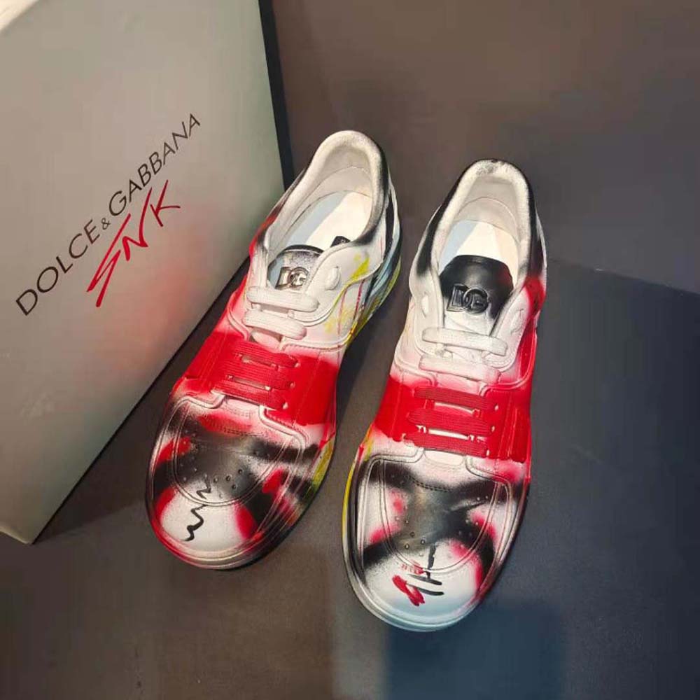 Close-up of spray-paint graffiti print on Dolce Gabbana D&G New Roma Sneakers