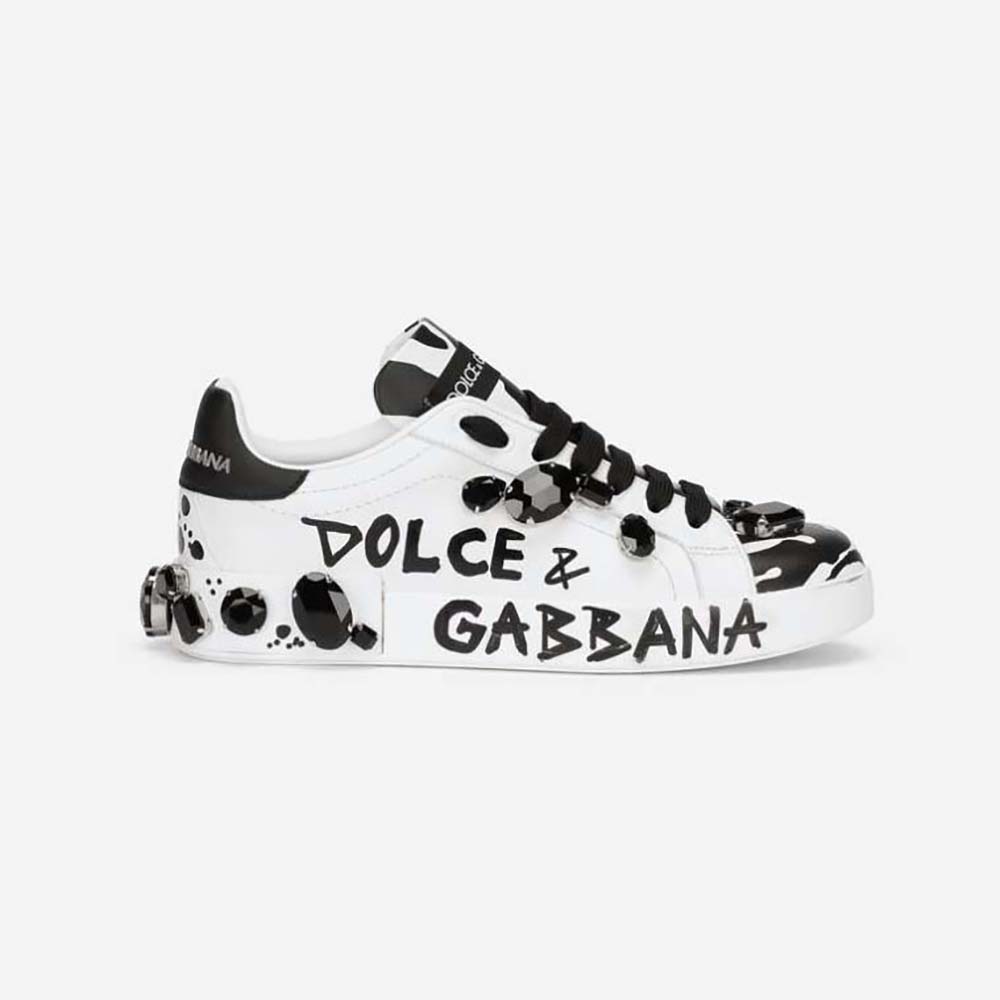 Side angle of Dolce Gabbana D&G Unisex Calfskin Portofino Sneakers showing embroidery