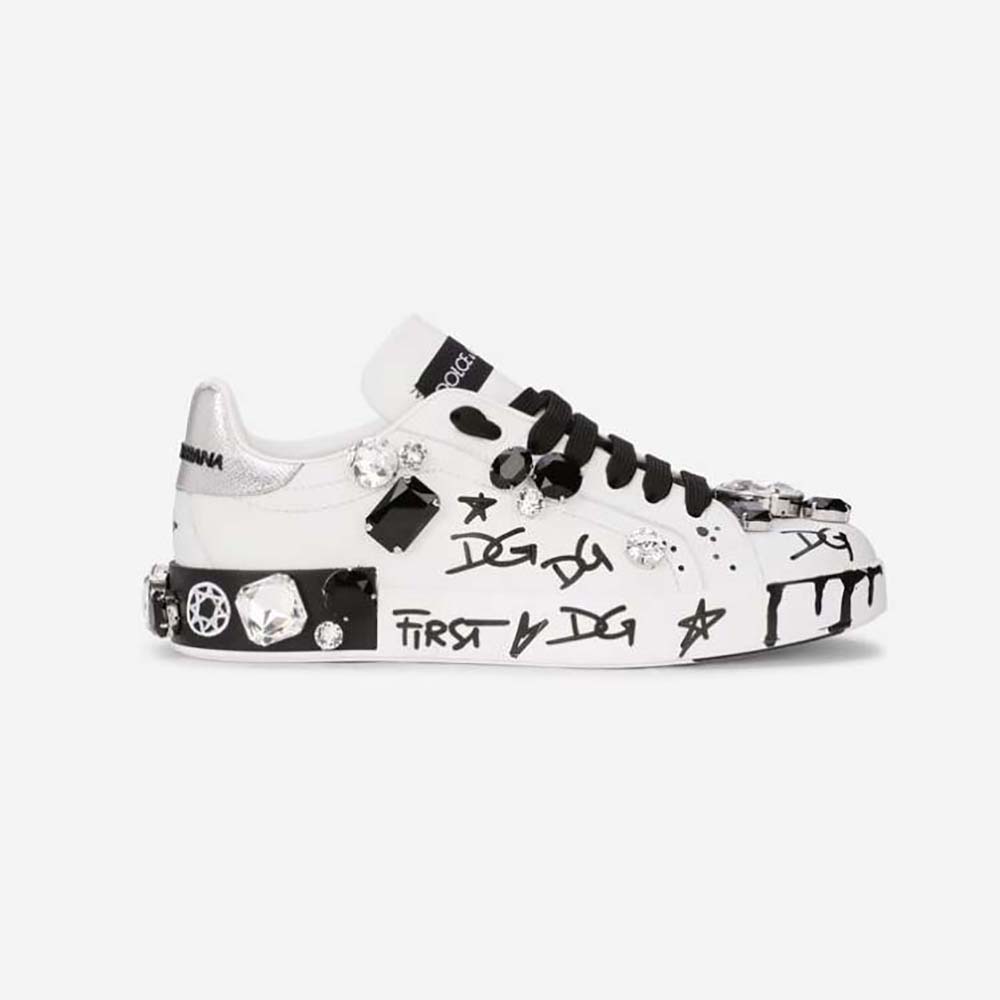 Dolce Gabbana D&G Unisex Calfskin Portofino Sneakers with Embroidery and Letteri