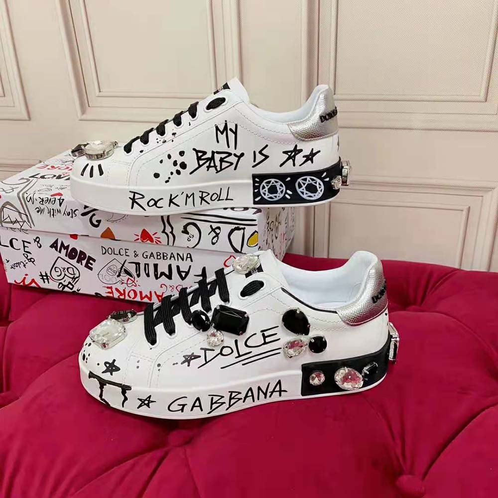 Dolce Gabbana D&G Unisex Calfskin Portofino Sneakers with Embroidery and Lettering - image 6