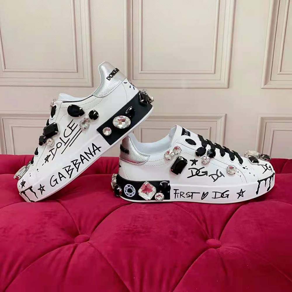 Side profile view of white Dolce Gabbana D&G Unisex Calfskin Portofino Sneakers