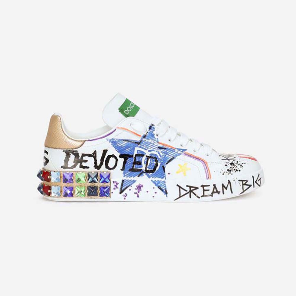 Dolce Gabbana D&G Unisex Calfskin Portofino Sneakers with Embroidery and Letteri