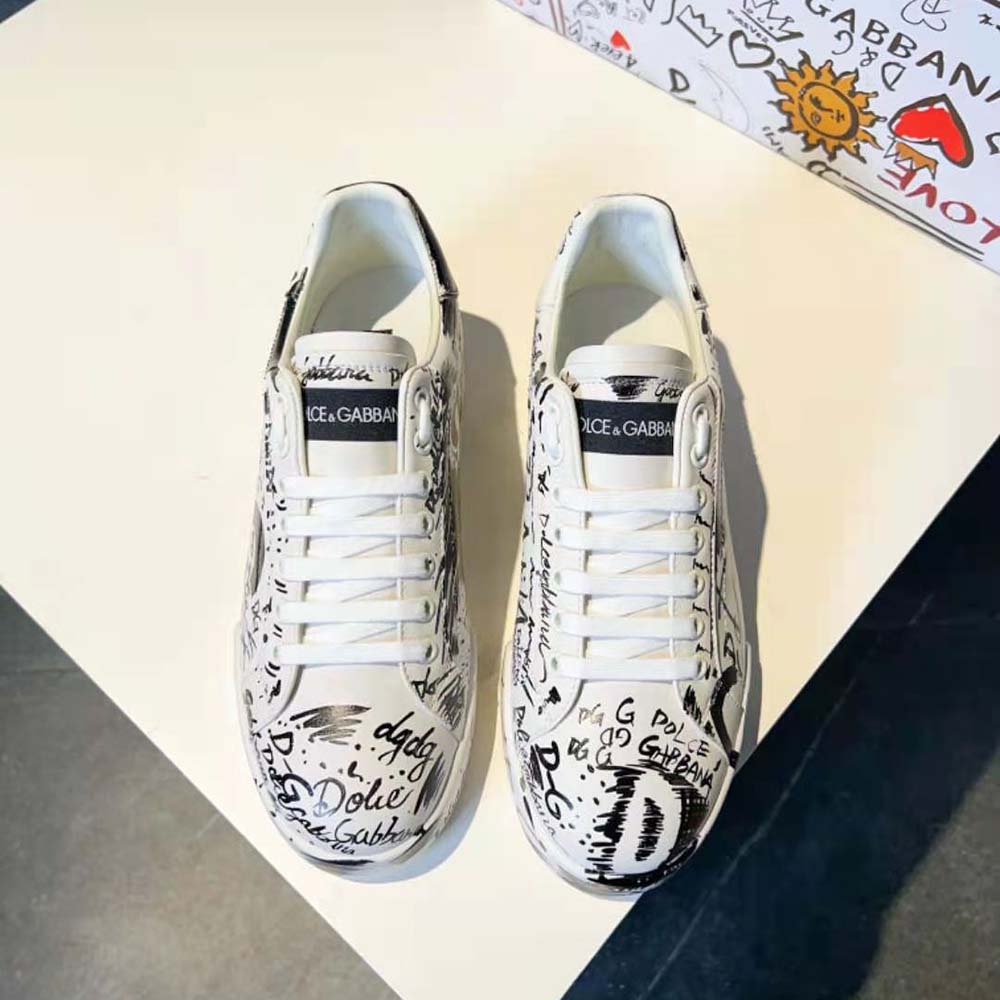 Top view lace-up detail on Dolce Gabbana D&G Unisex Calfskin Portofino Sneakers