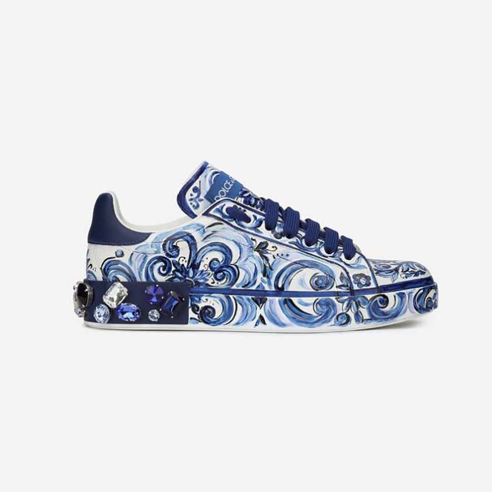 Side view of Dolce Gabbana D&G Unisex Majolica-Print Calfskin Portofino Sneakers in blue