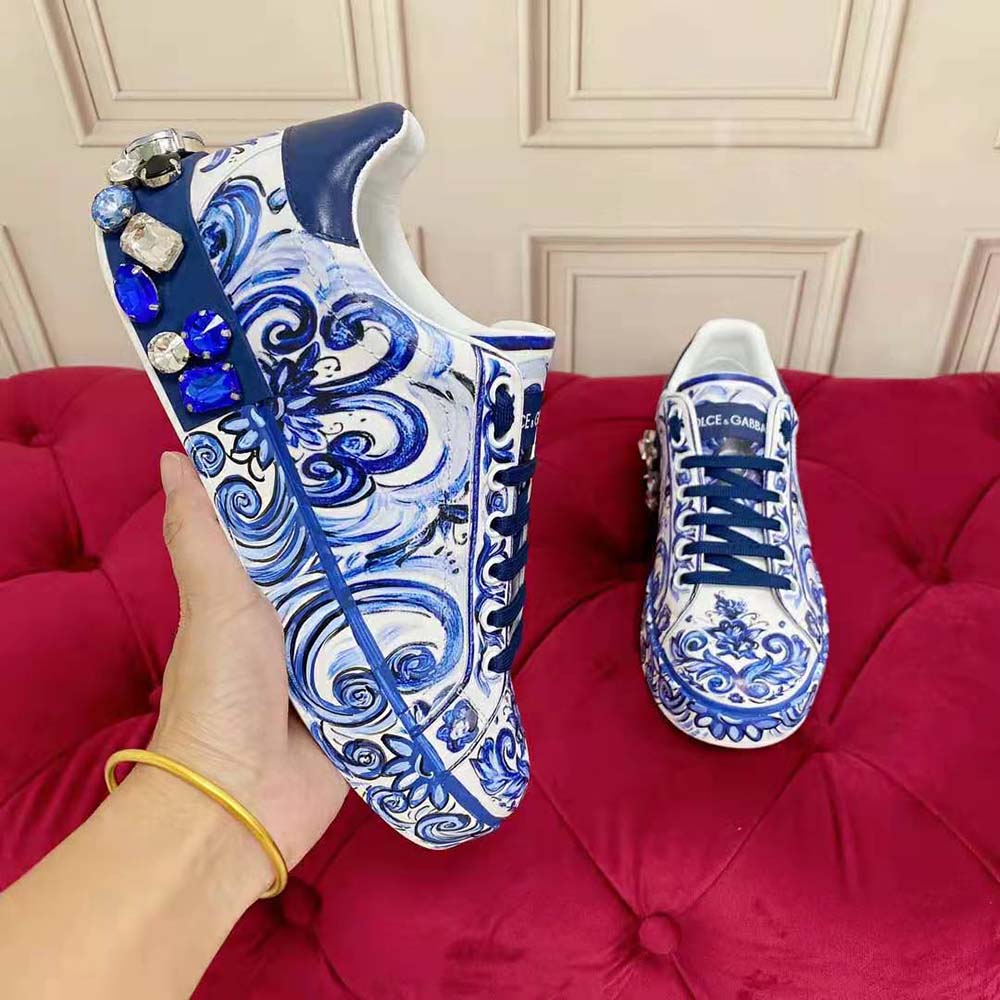 Dolce Gabbana D&G Unisex Majolica-Print Calfskin Portofino Sneakers - image 9