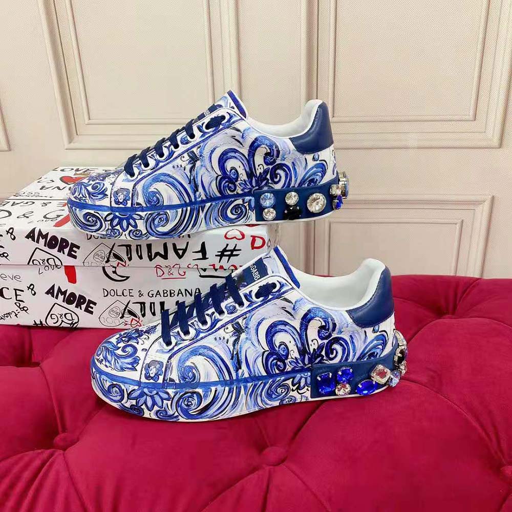 Dolce Gabbana D&G Unisex Majolica-Print Calfskin Portofino Sneakers - image 7