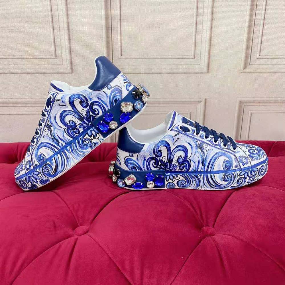 Close-up on majolica print detail of Dolce Gabbana D&G Portofino Sneakers