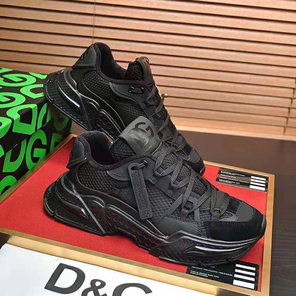Top-down look at laces and mixed materials on Dolce Gabbana D&G Airmaster Sneakers