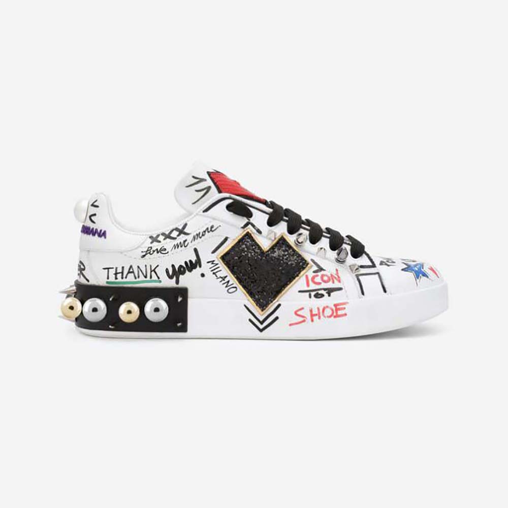 Side profile of Dolce Gabbana D&G Unisex Printed Calfskin Portofino Sneakers with Patch