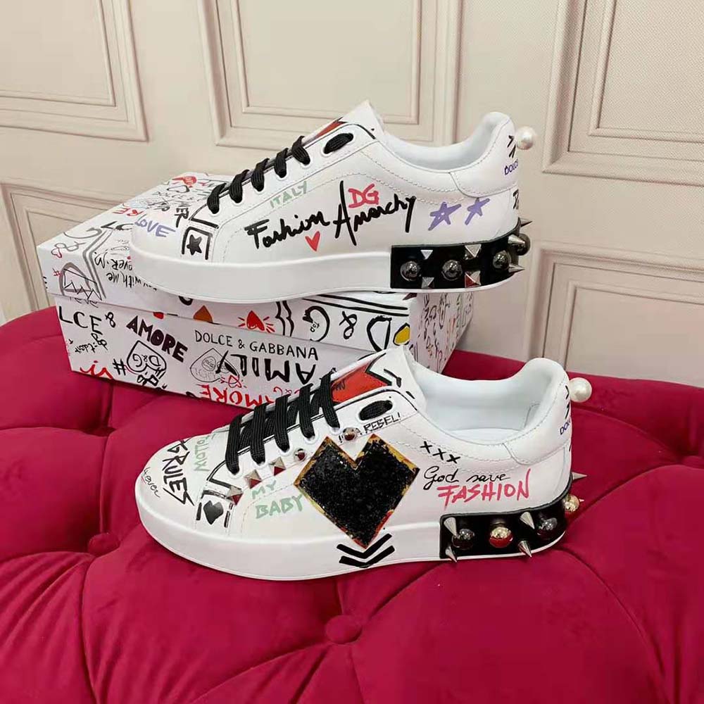 Dolce Gabbana D&G Unisex Printed Calfskin Portofino Sneakers with Patch - image 4