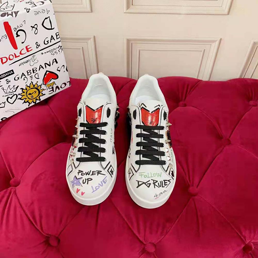 Dolce Gabbana D&G Unisex Printed Calfskin Portofino Sneakers with Patch - image 7