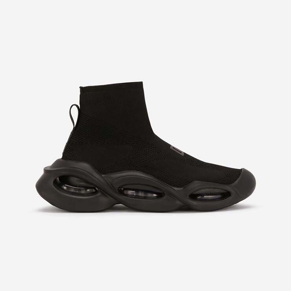Side view of Dolce Gabbana D&G Unisex Stretch Mesh Wave Mid-Top Sneakers-Black