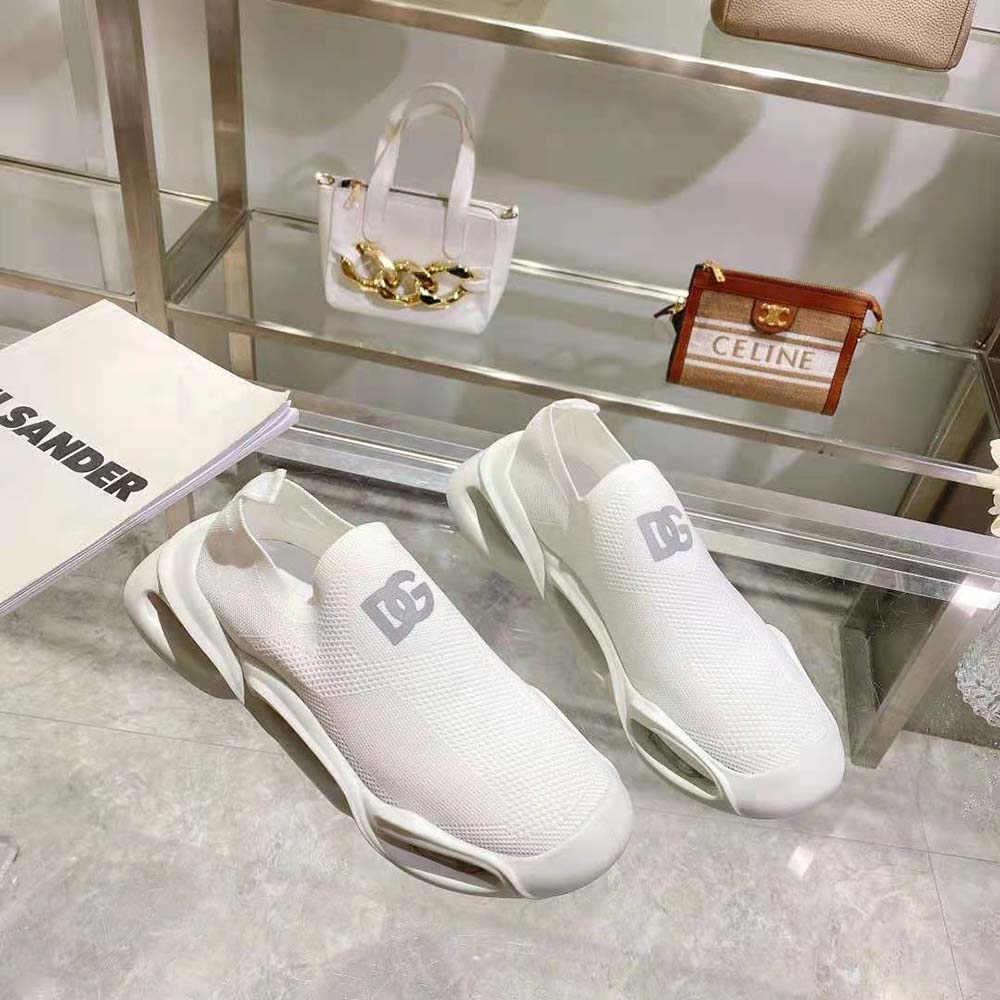 Close-up of elastic closure and wave detail on Dolce Gabbana D&G Unisex Stretch Mesh Wave Sneakers-White