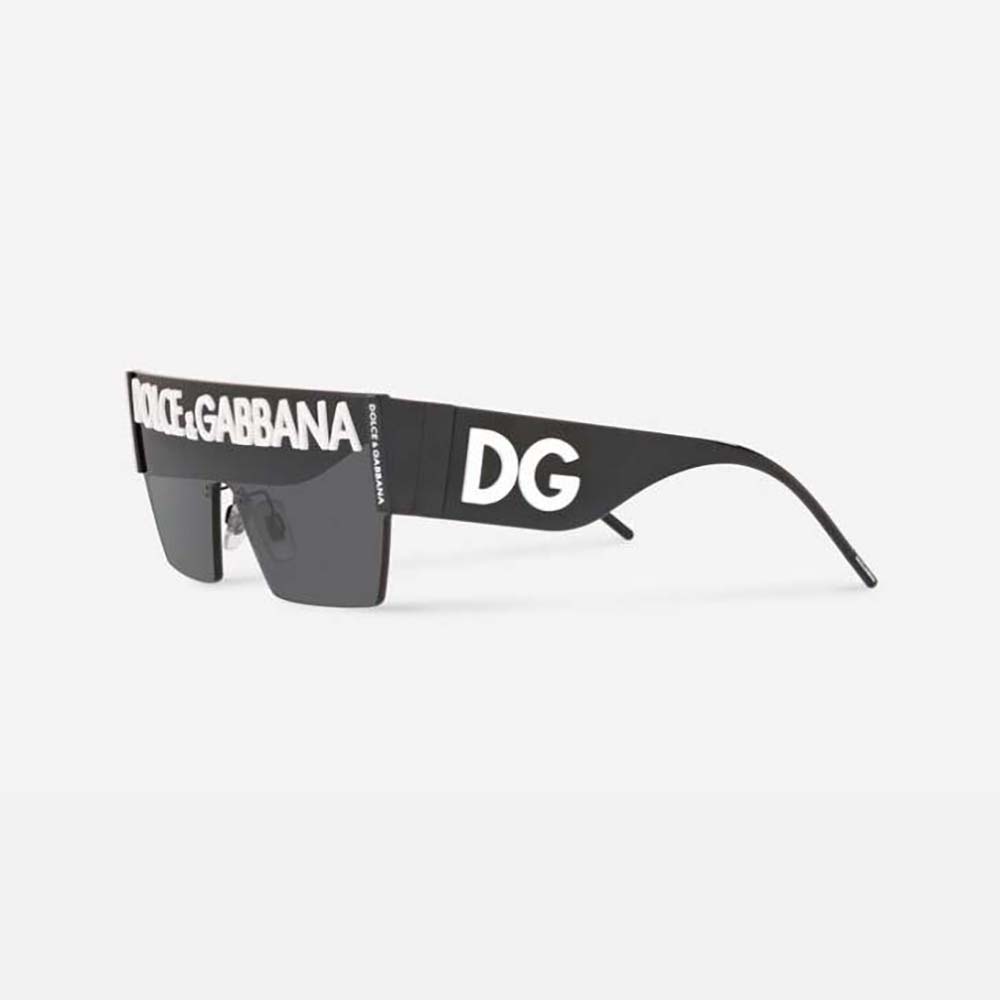Close-up of silver DG logo hardware on temple of Dolce Gabbana D&G Women DG Logo Sunglasses-Silver