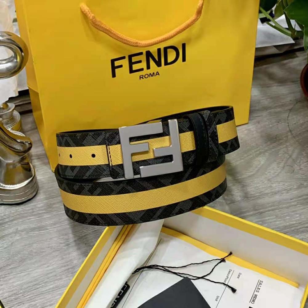 Close-up of FF buckle and stud closure on Fendi Men Black Leather Belt