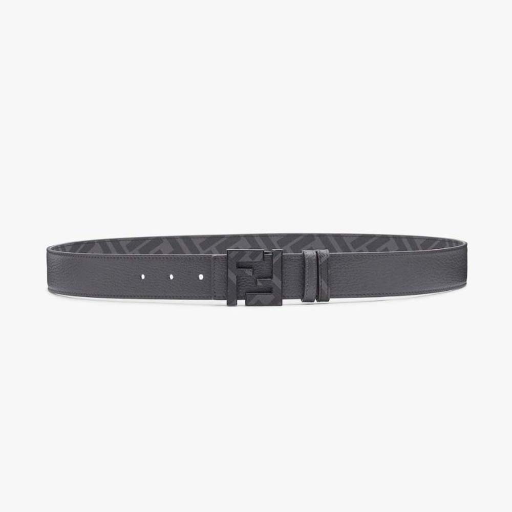 Front close-up of Fendi Men Gray Leather Belt with FF Buckle