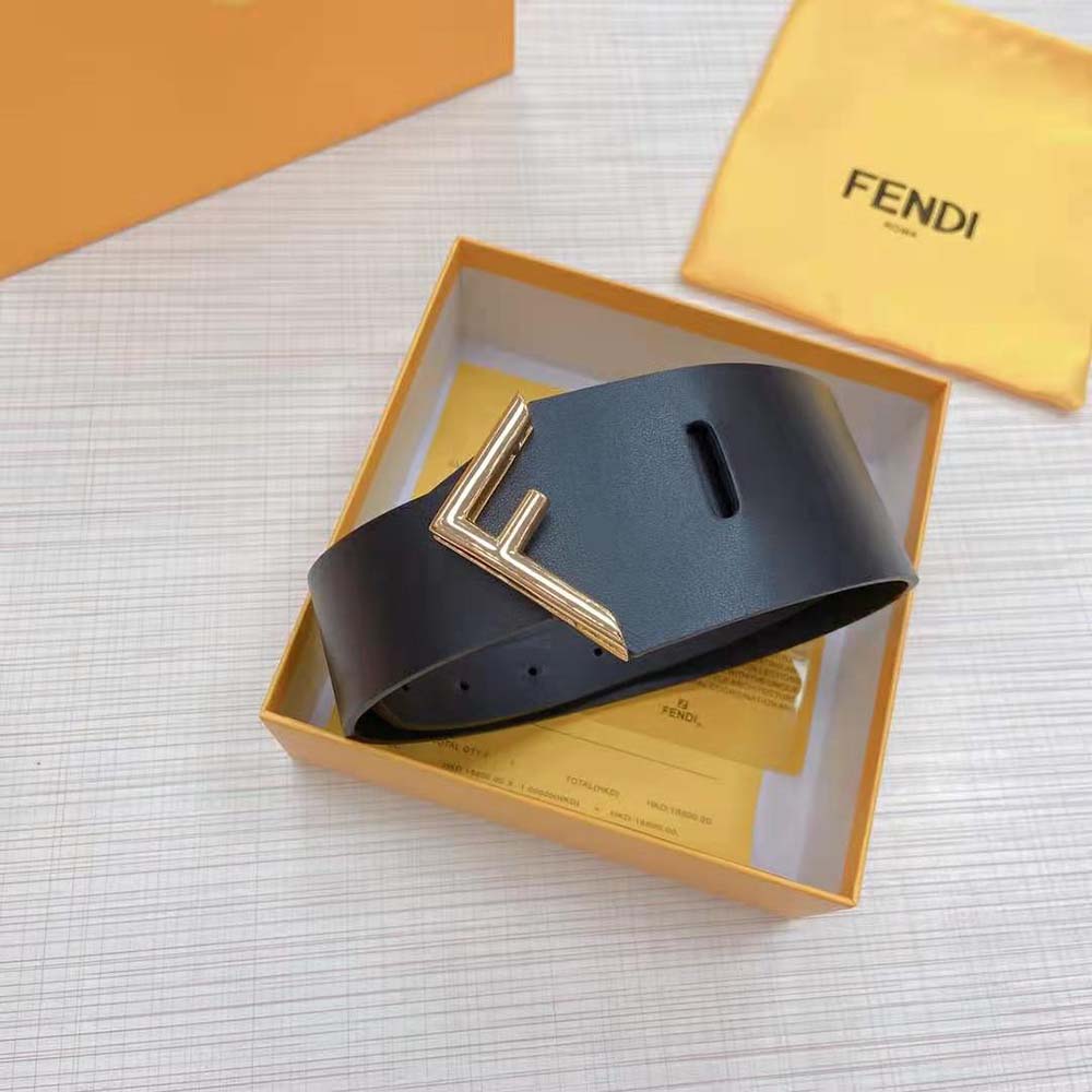 Side angle showing texture of Fendi Women Black Leather Belt