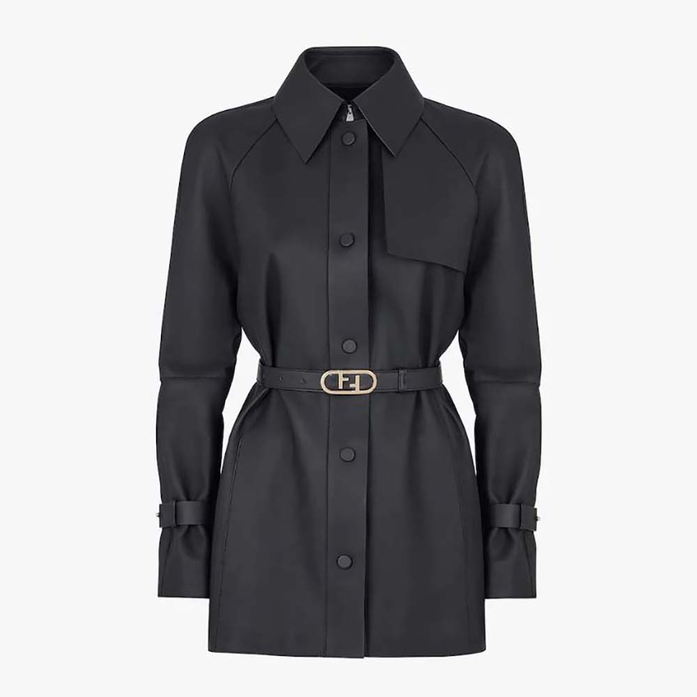 Front view of Fendi Women Black Waxed Leather Jacket with zip closure