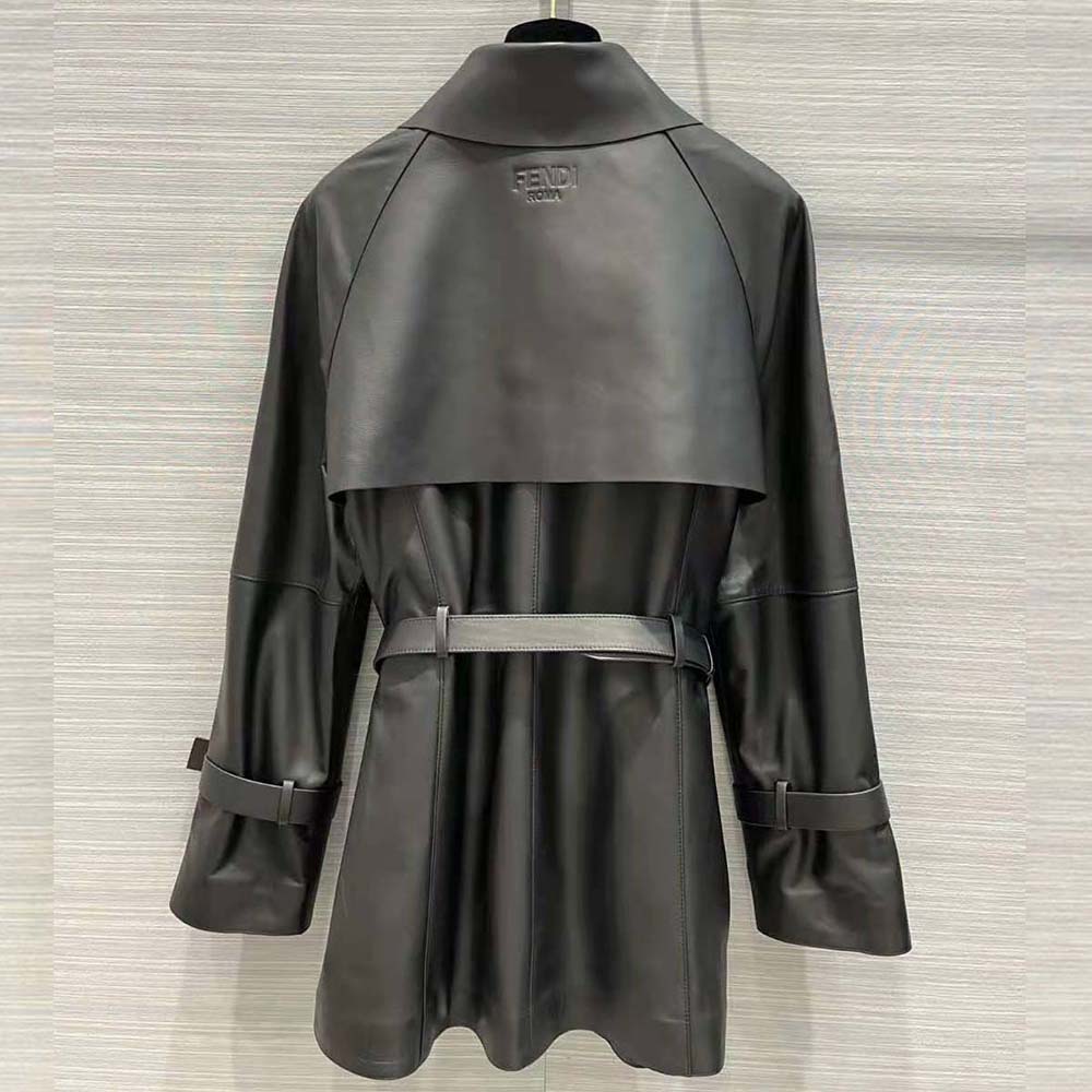Side angle showing tailored silhouette of Fendi Women Black Waxed Leather Jacket