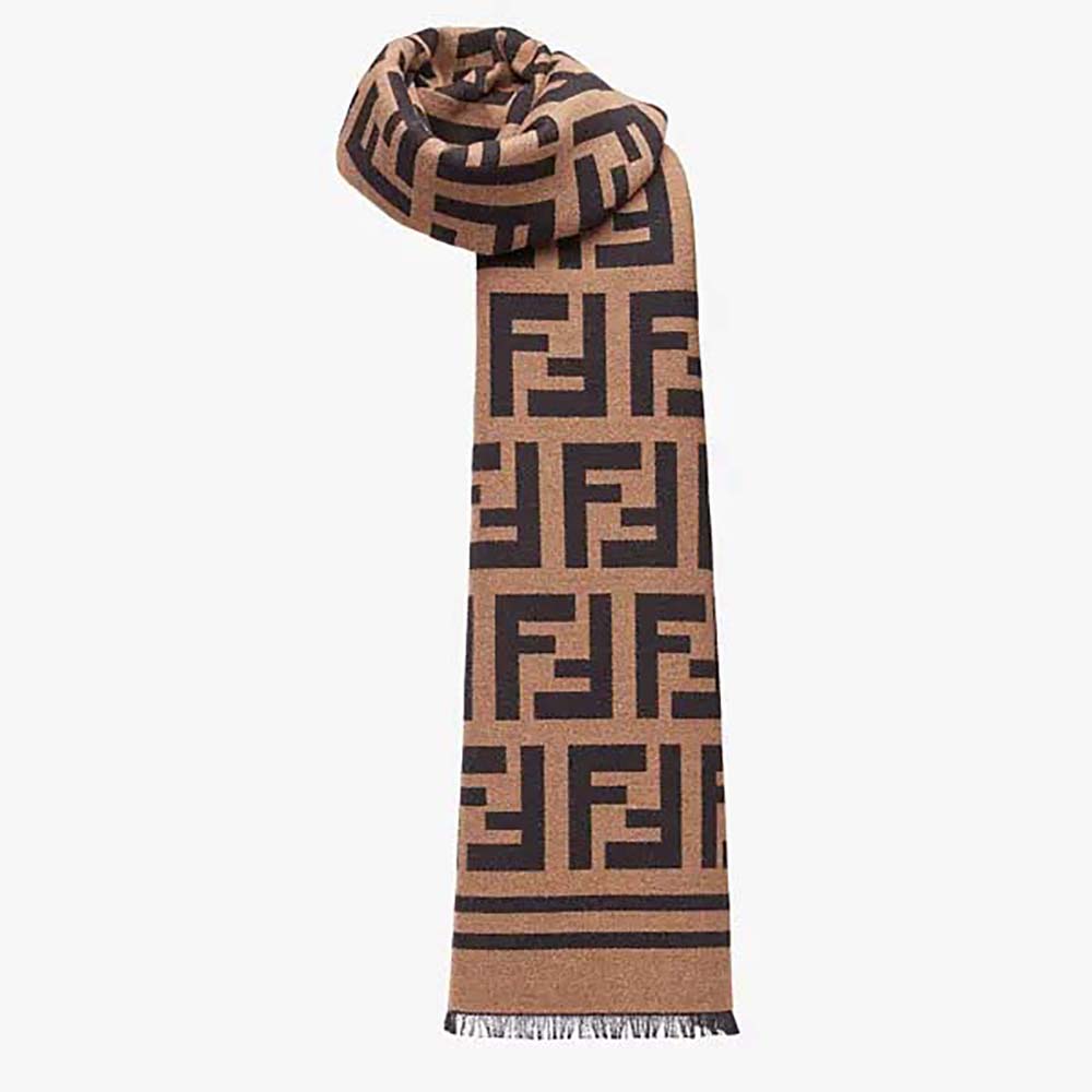 Front view of Fendi Women Black Wool and Silk Scarf showing rich brown color