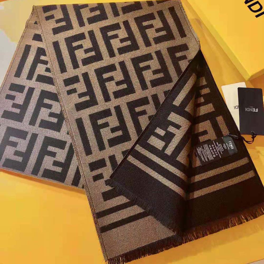 Close-up detail of Fendi logo on the wool and silk scarf
