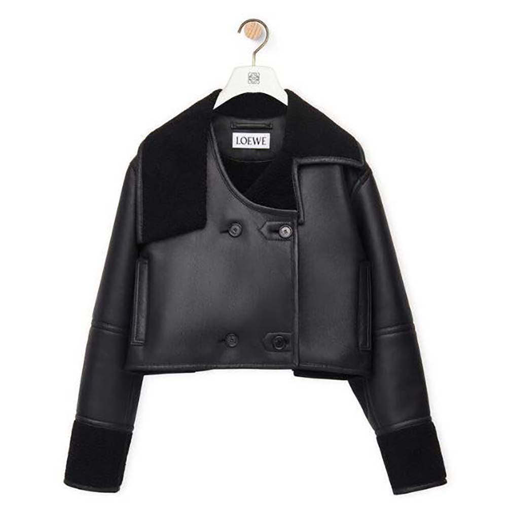 Front view of Loewe Women Deconstructed Jacket in Shearling-Black