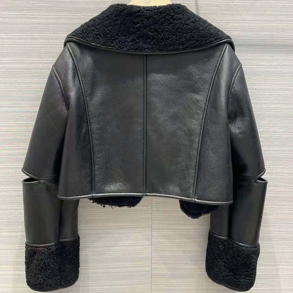 Side profile showing oversized silhouette of Loewe shearling jacket