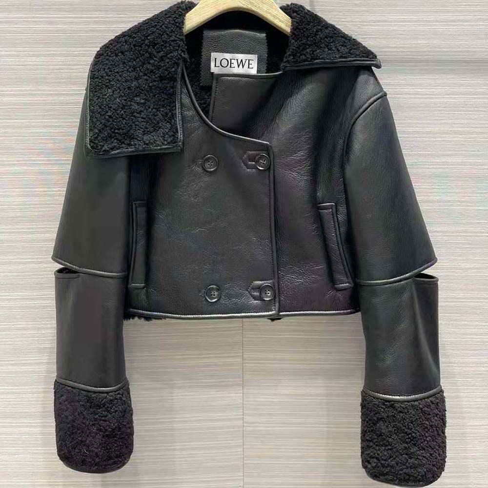 Close-up of exposed seams detail on Loewe shearling jacket