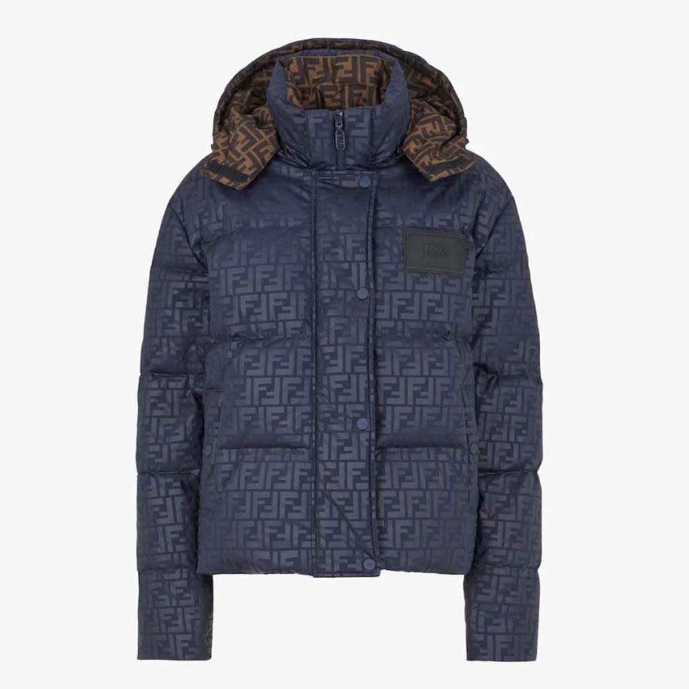 Front view of Fendi Women Down Jacket Blue FF Tech Fabric Down Jacket