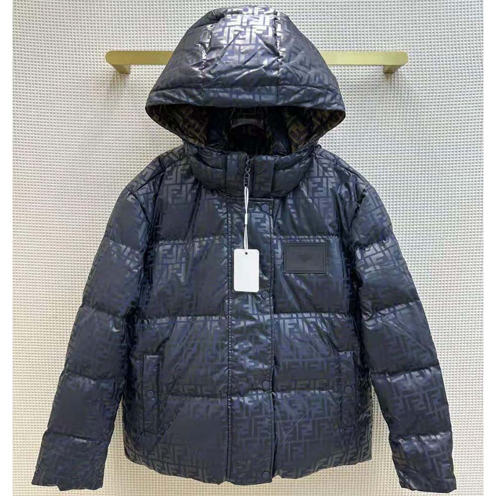 Close-up of signature FF logo hardware on blue Fendi down jacket