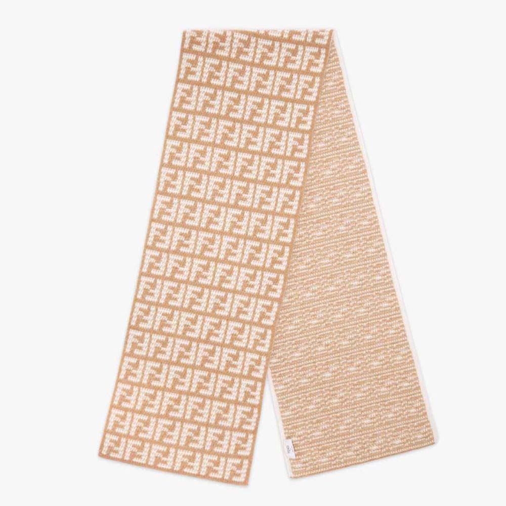 Folded Fendi Women FF Scarf Beige Cashmere Scarf showing signature FF logo
