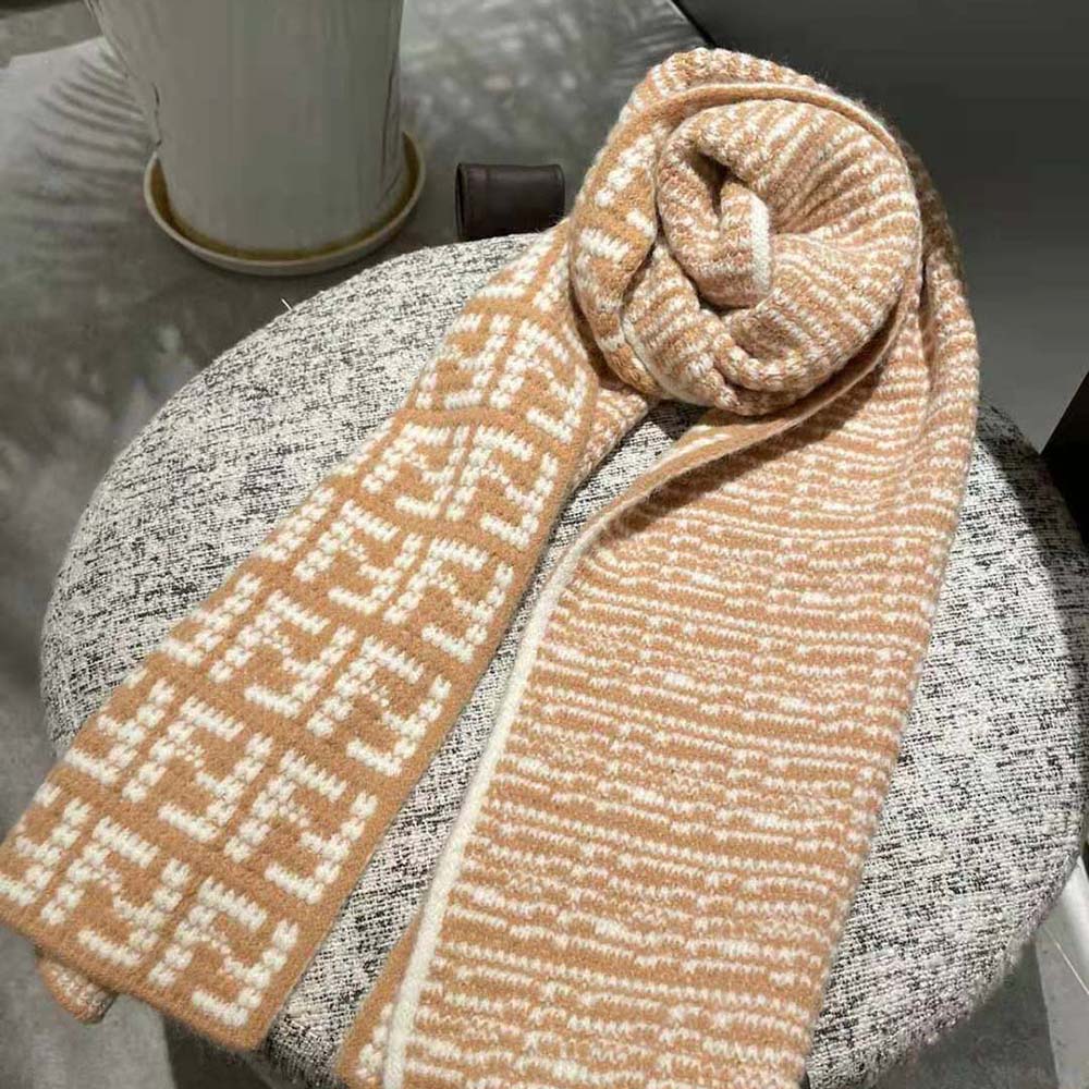 Close-up detail of beige cashmere fabric on Fendi Women FF Scarf