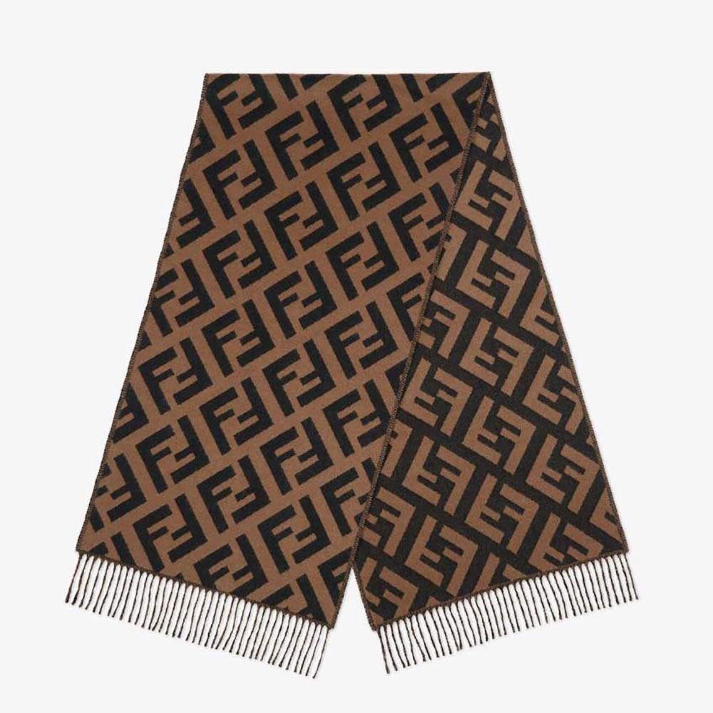 Front view of Fendi Women FF Scarf Brown Cashmere Scarf showing pattern