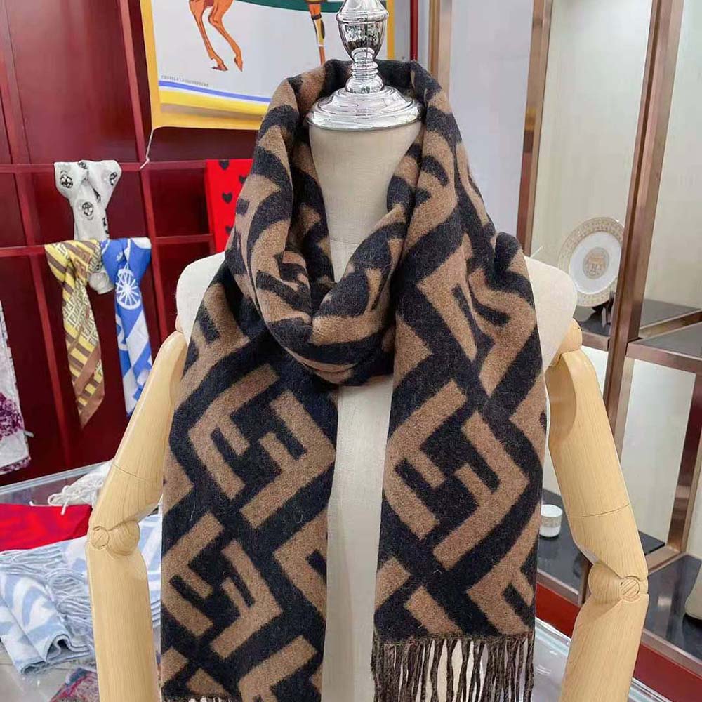 Detail of soft cashmere texture on Fendi Women FF Scarf Brown