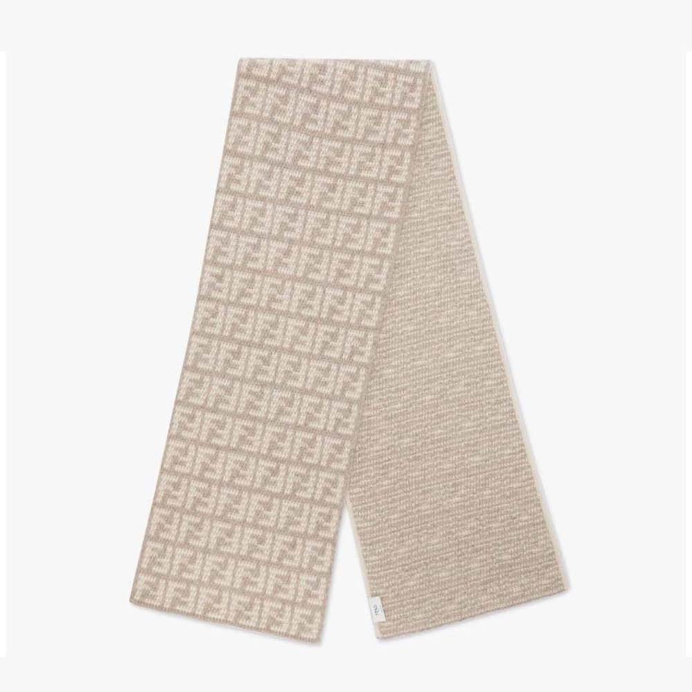 Front view of Fendi Women FF Scarf Dove Gray Cashmere Scarf draped