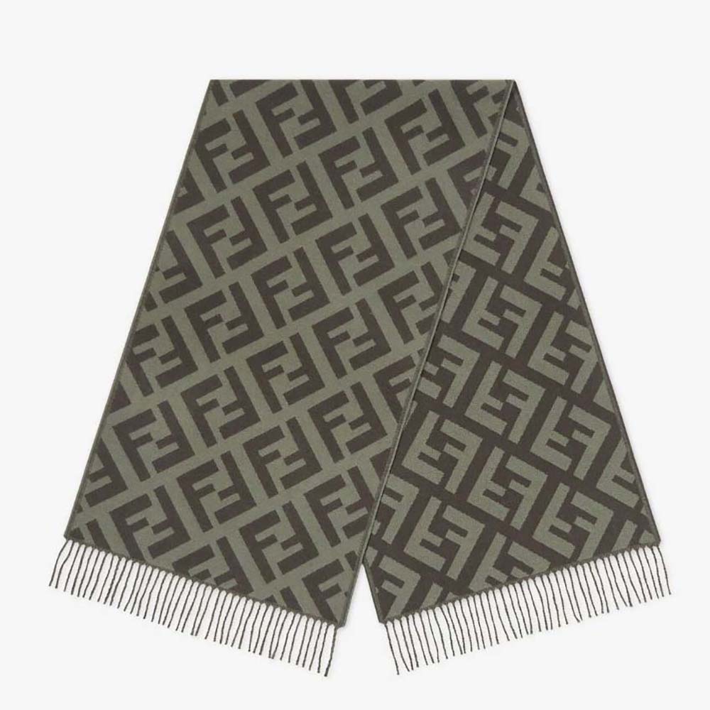 Front view of Fendi Women FF Scarf Green Cashmere Scarf laid flat