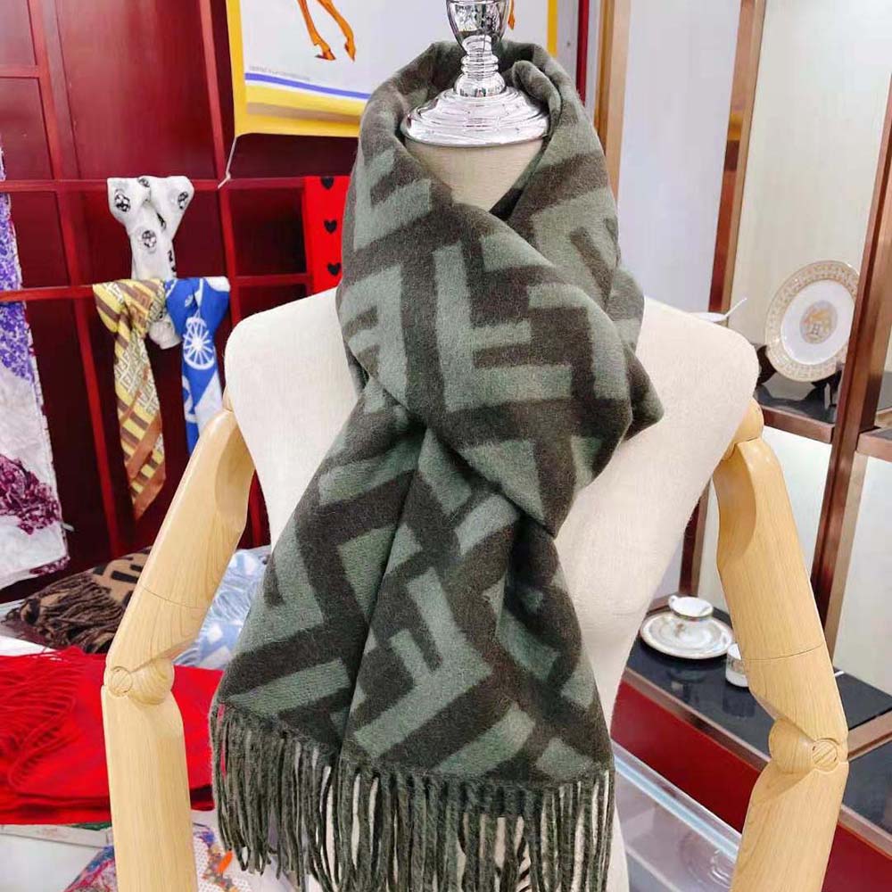 Fendi Women FF Scarf Green Cashmere Scarf wrapped elegantly around neck