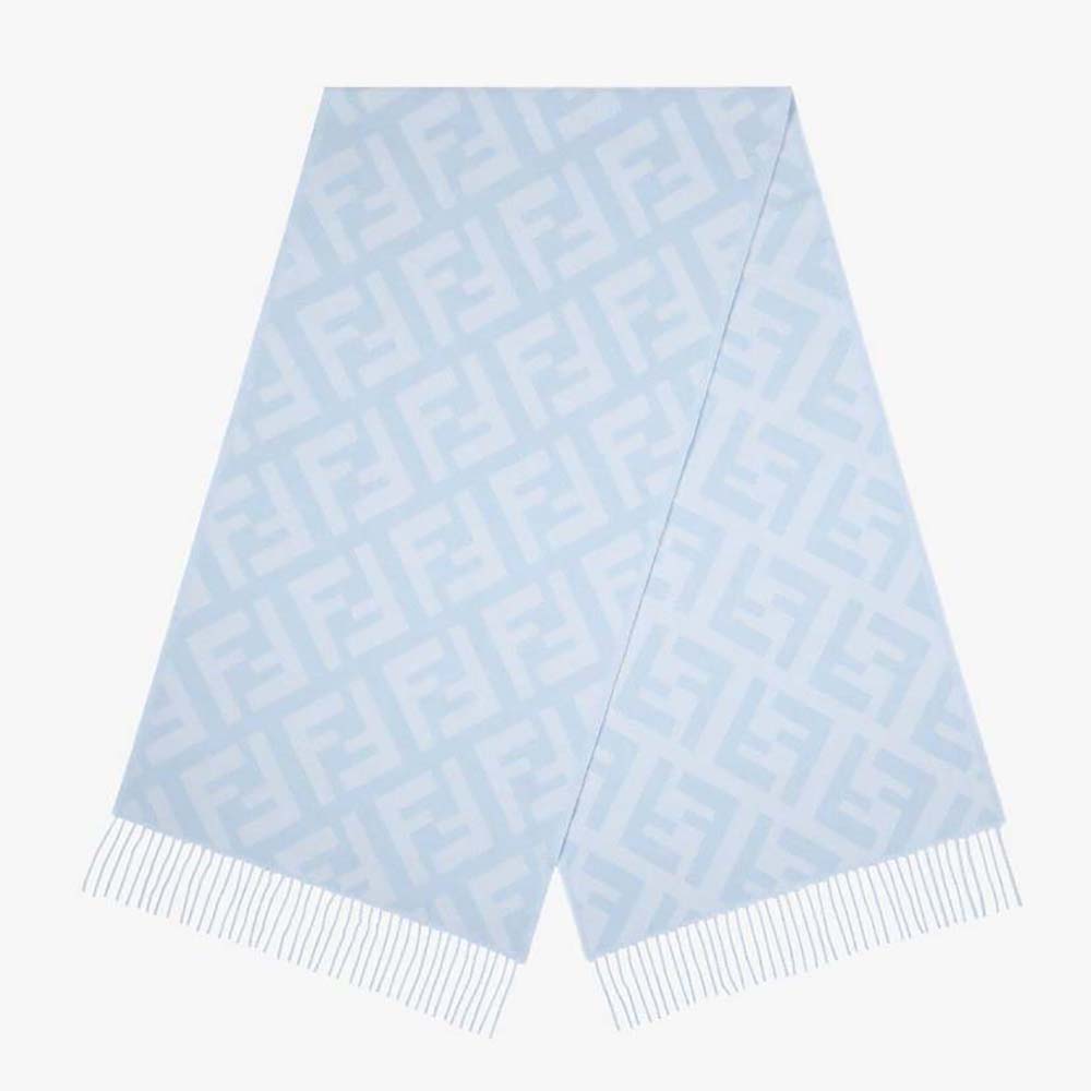 Close-up of Fendi Women FF Scarf Light Blue Cashmere Scarf embroidery detail