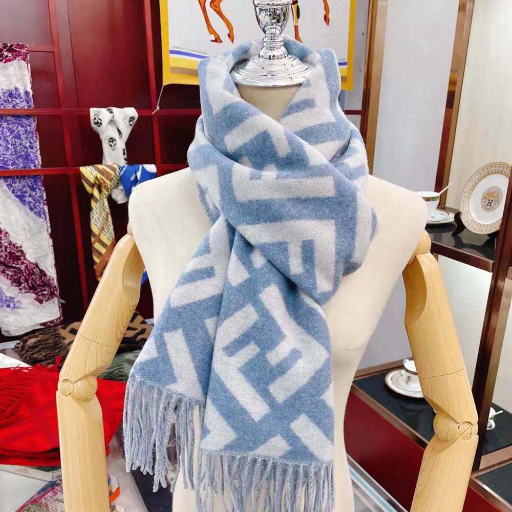 Fendi Women FF Scarf Light Blue Cashmere Scarf draped over mannequin neck