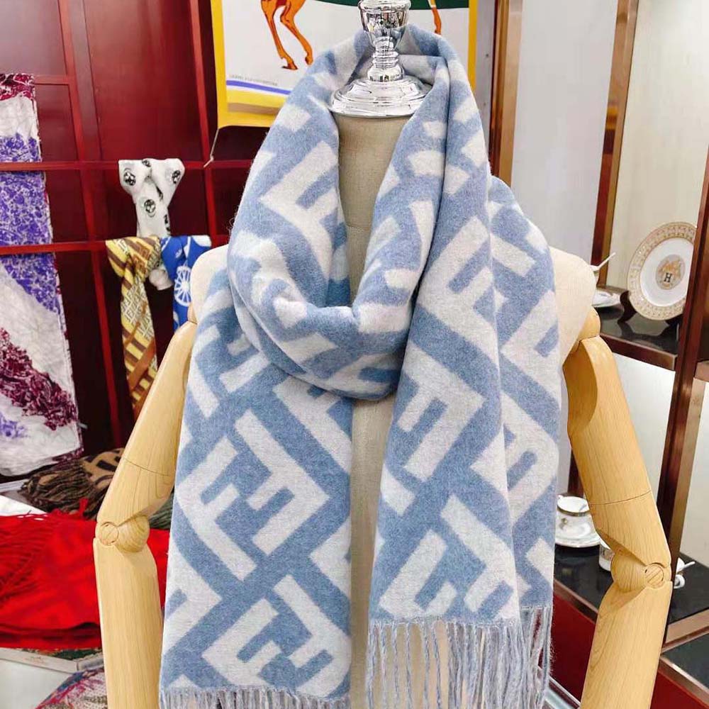 Folded Fendi Women FF Scarf Light Blue Cashmere Scarf showing soft fabric texture