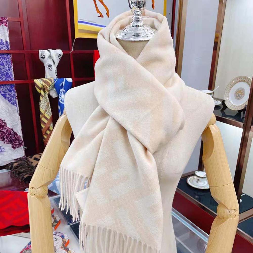 Full length view of Fendi Women FF Scarf Pale Pink Cashmere Scarf draped