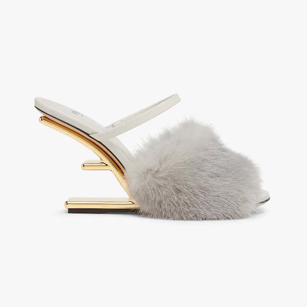 Side view of Fendi Women First Pale Grey Mink High-Heeled Sandals