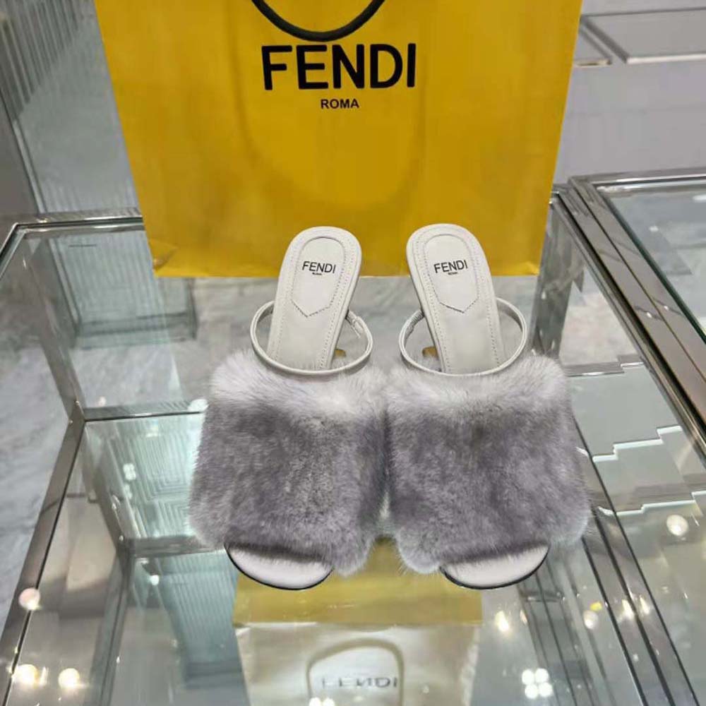Top angle showcasing strap and hardware on Fendi Women First Pale Grey Mink High-Heeled Sandals