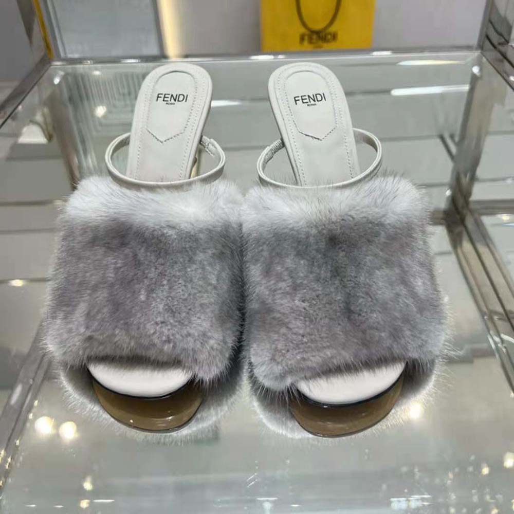 Close-up of mink detailing on Fendi Women First Pale Grey Mink High-Heeled Sandals