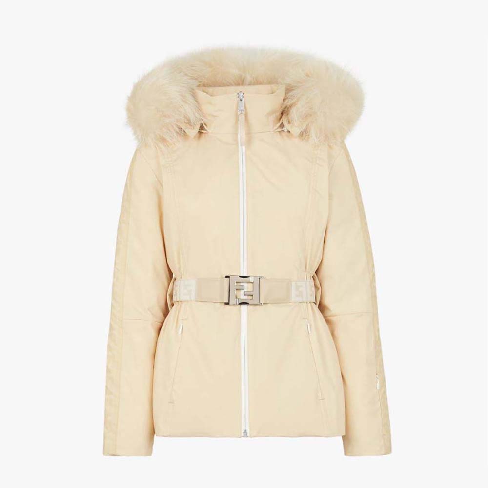 Front view of Fendi Women Ski Jacket in White Nylon showing zipper detail