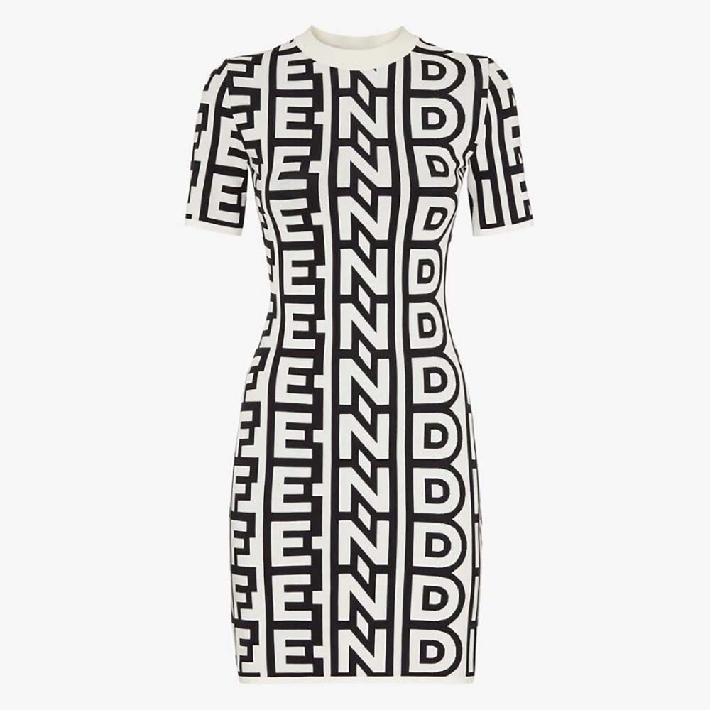 Front view of Fendi Women Two-Tone Fendi Roma Capsule Knit Dress-Black in white