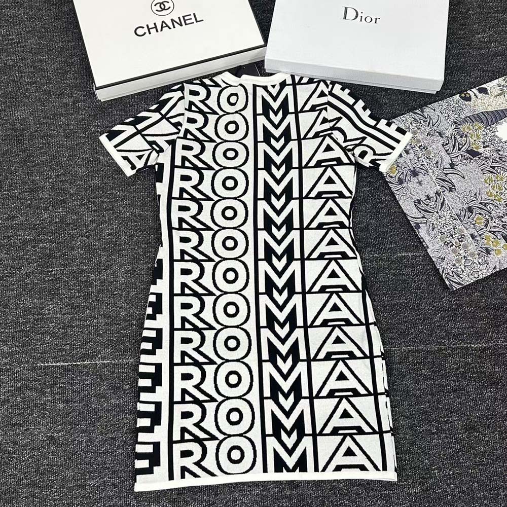 Side angle showing silhouette of Fendi Women Two-Tone Fendi Roma Capsule Knit Dress-Black