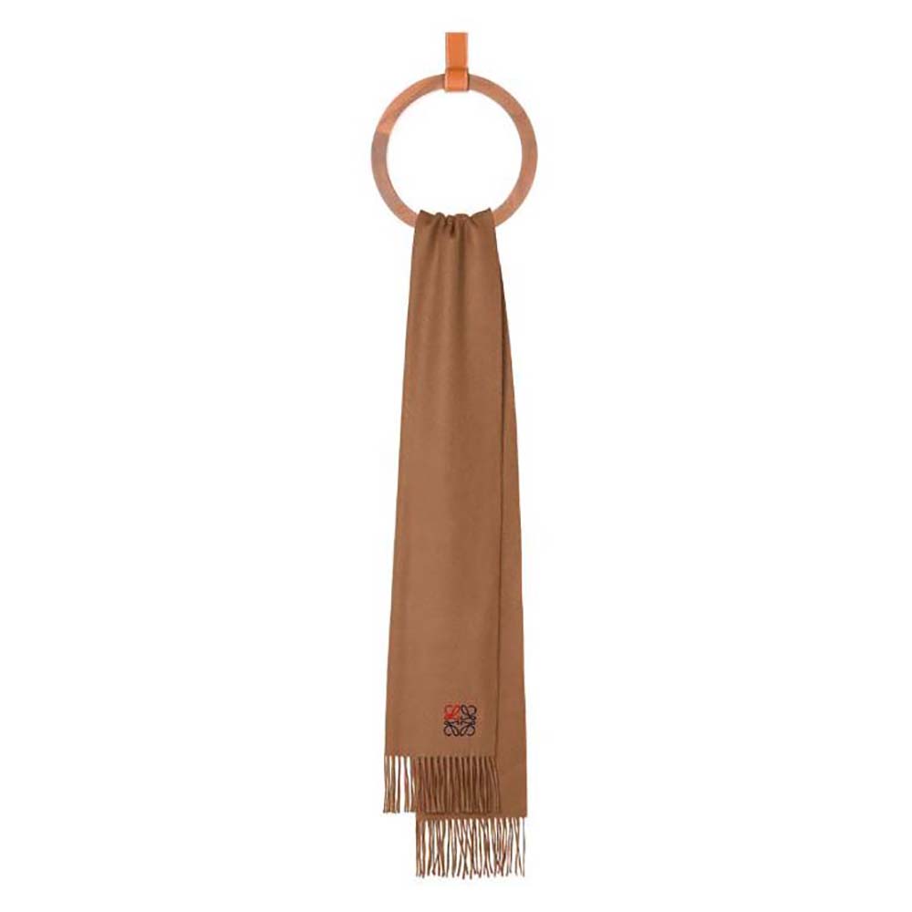Front view of Loewe Women Anagram Scarf in Cashmere-Brown folded neatly